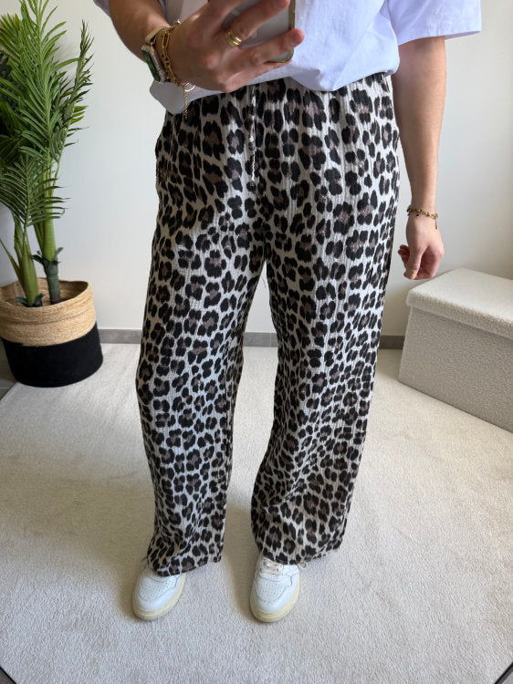 Pantalon large imprimé léopard en gaze de coton