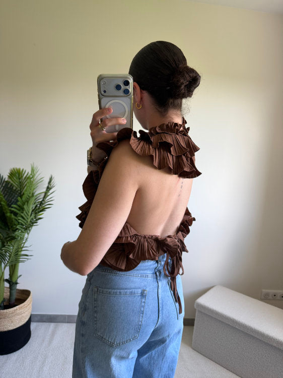 Blouse sans manches effet ruché dos nu