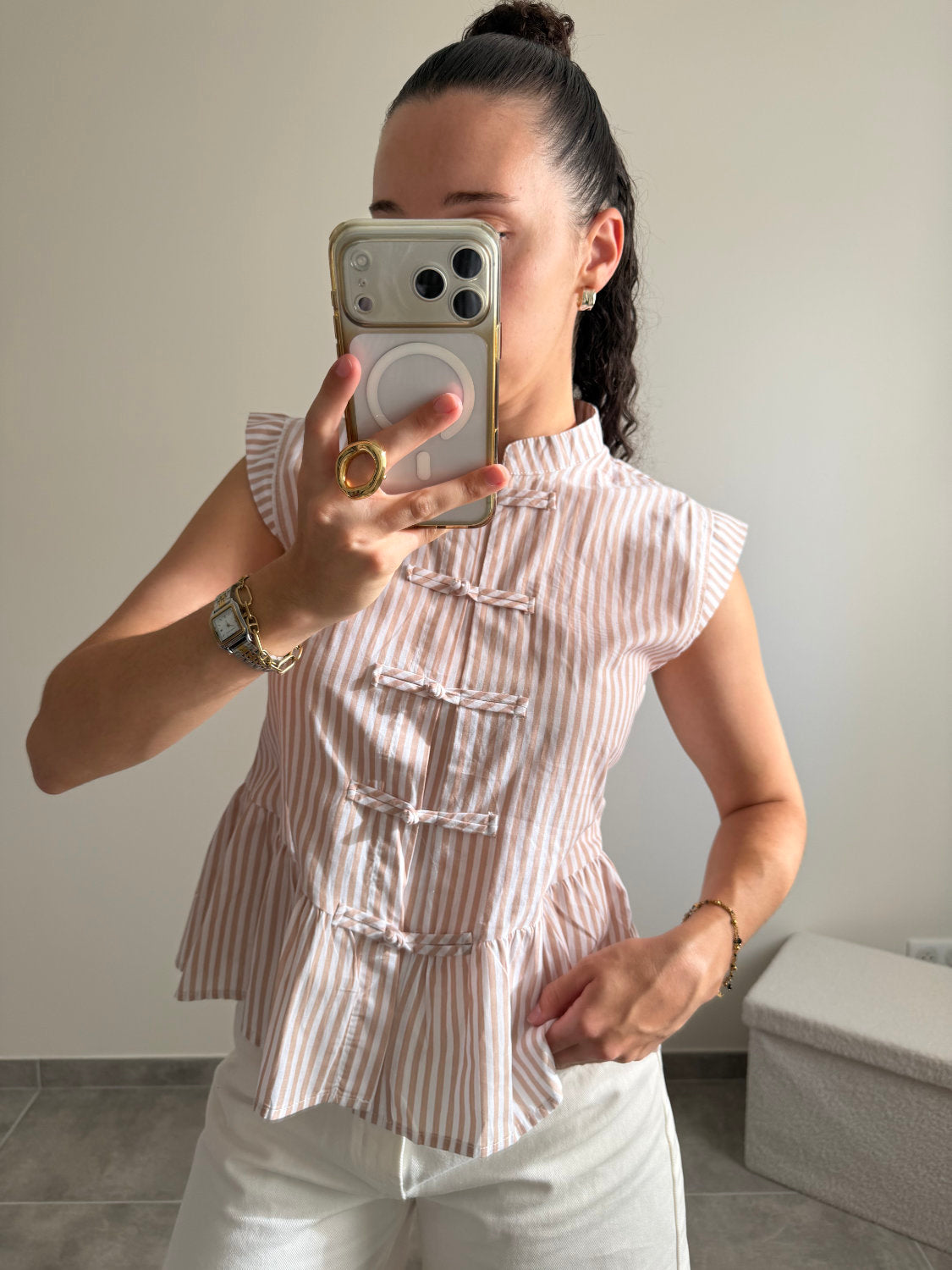 Top à rayures style mandarin