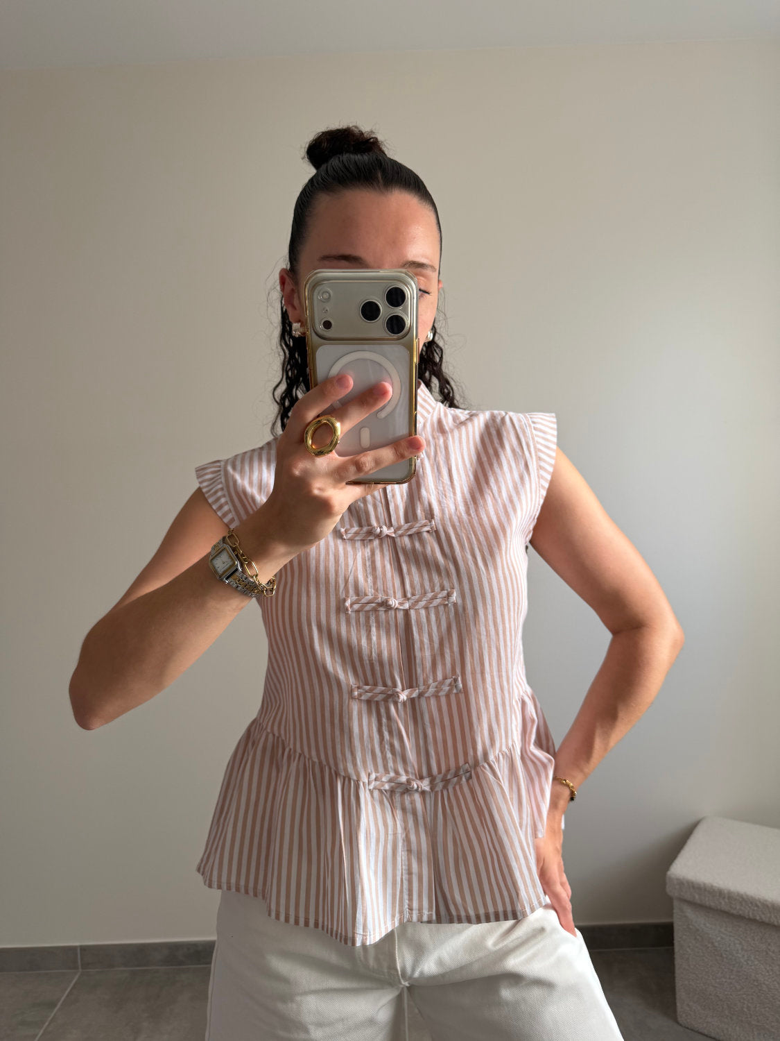 Top à rayures style mandarin
