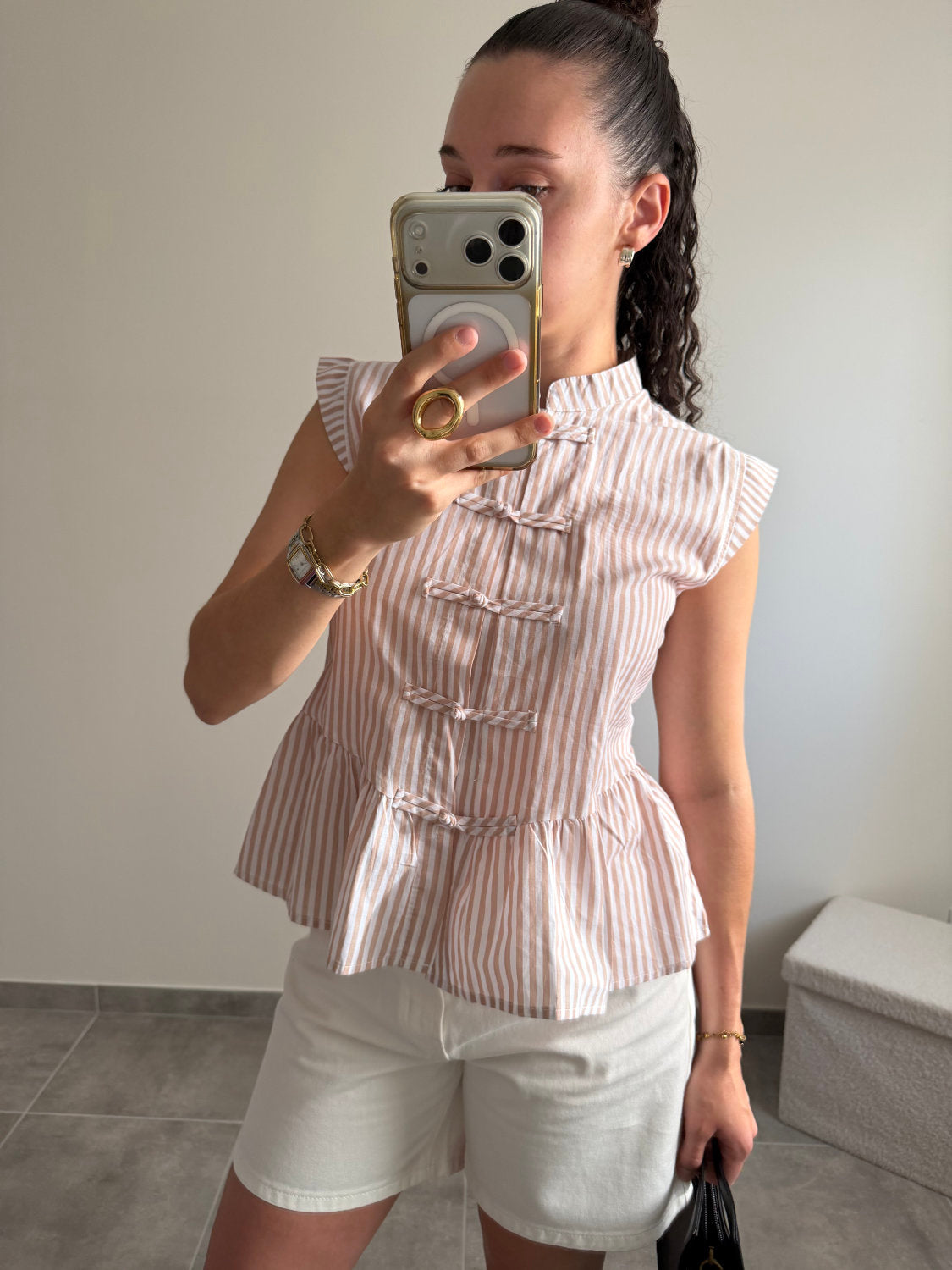 Top à rayures style mandarin