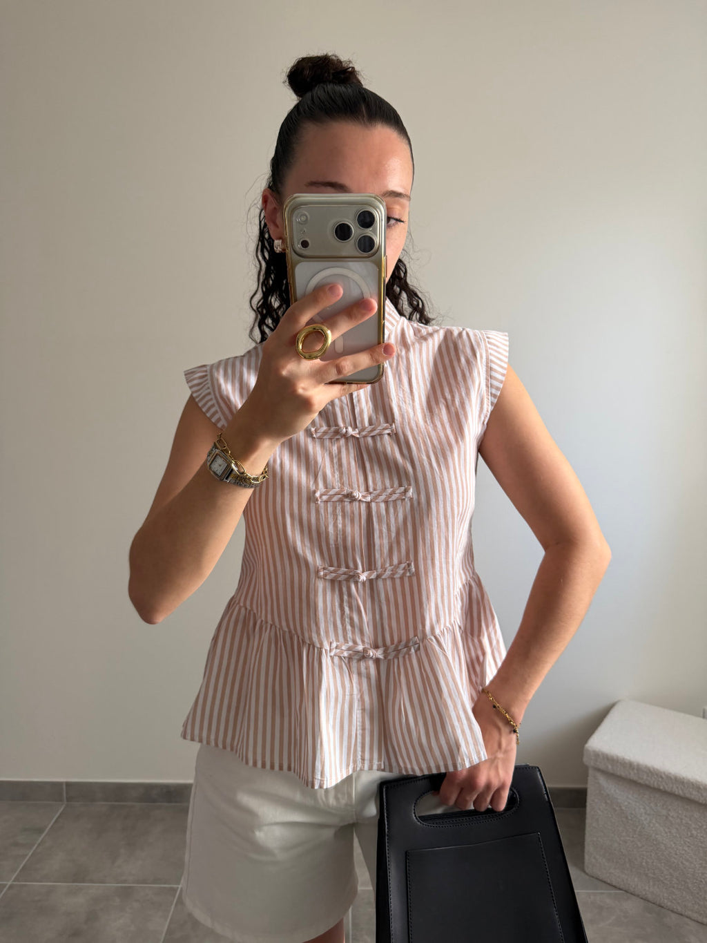 Top à rayures style mandarin