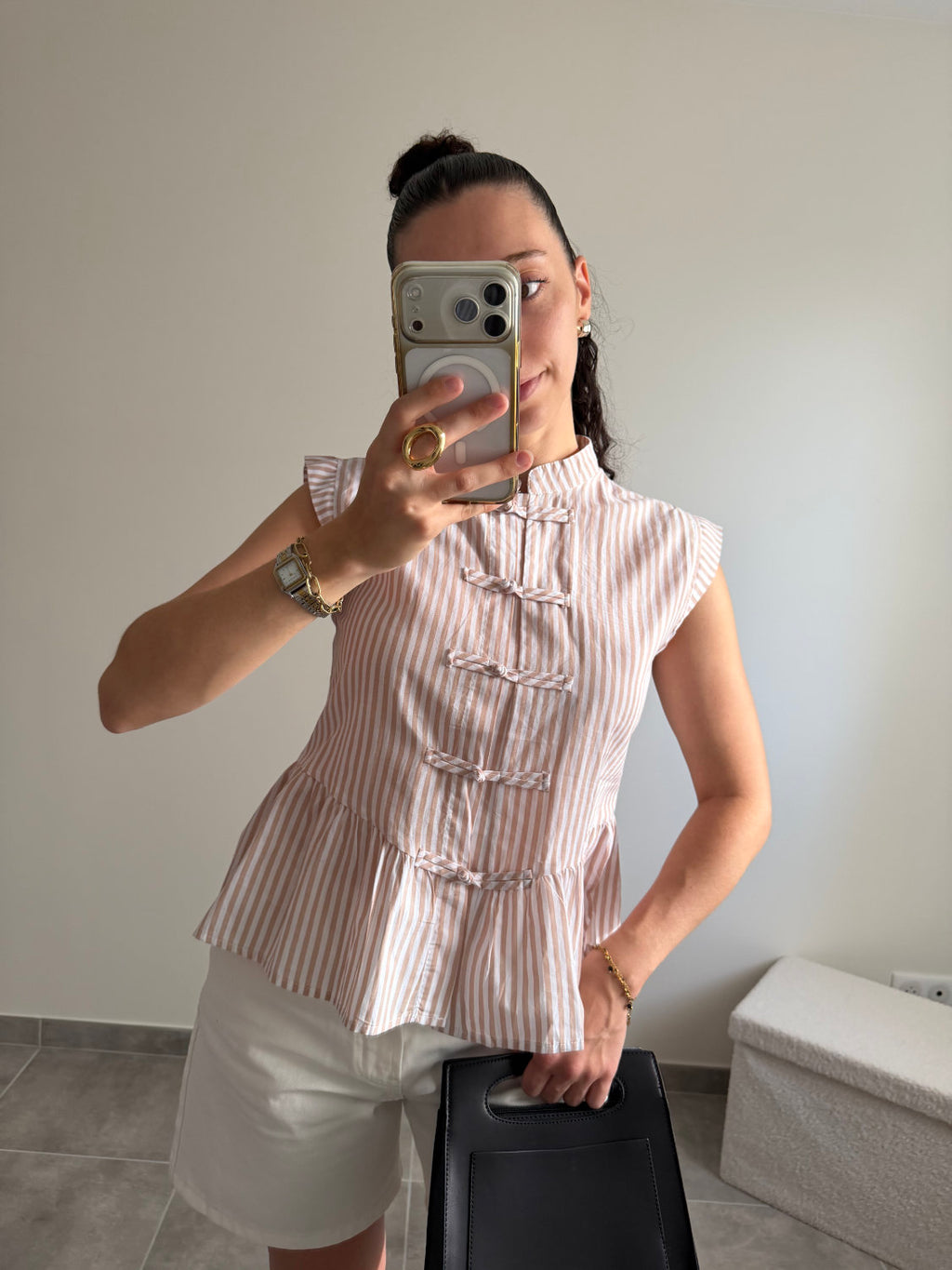 Top à rayures style mandarin