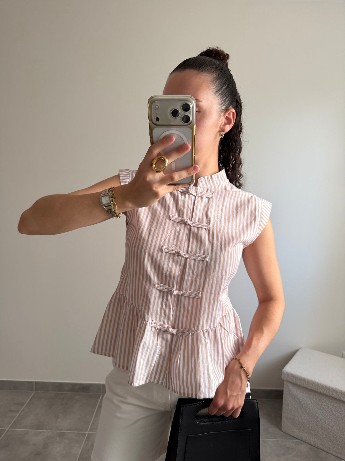 Top à rayures style mandarin