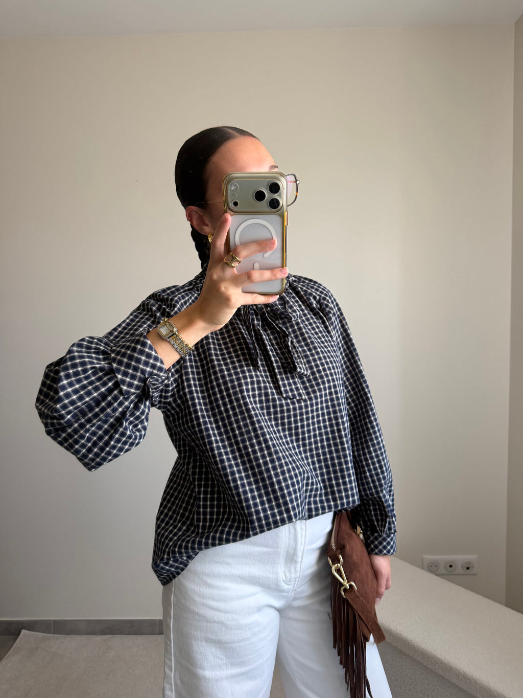 Blouse Joséphine à carreaux - bleu marine