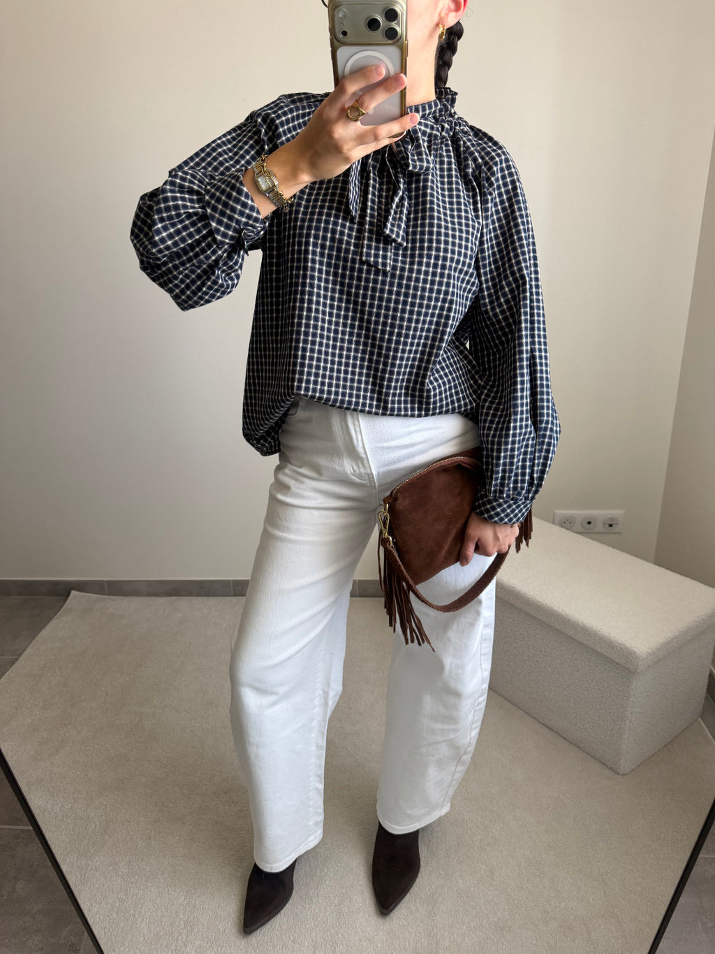 Blouse Joséphine à carreaux - bleu marine