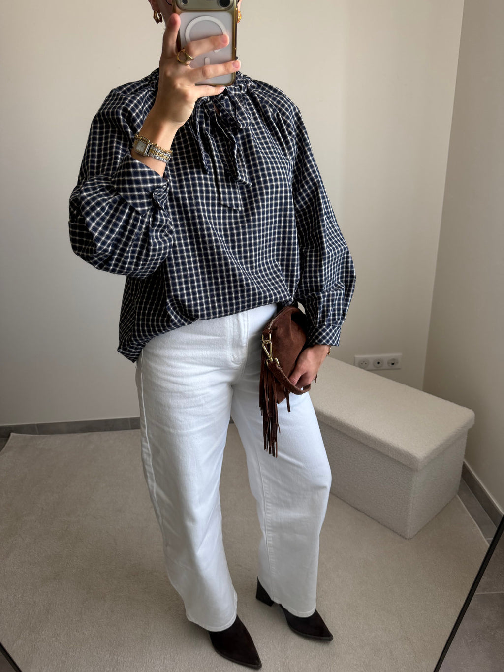 Blouse Joséphine à carreaux - bleu marine
