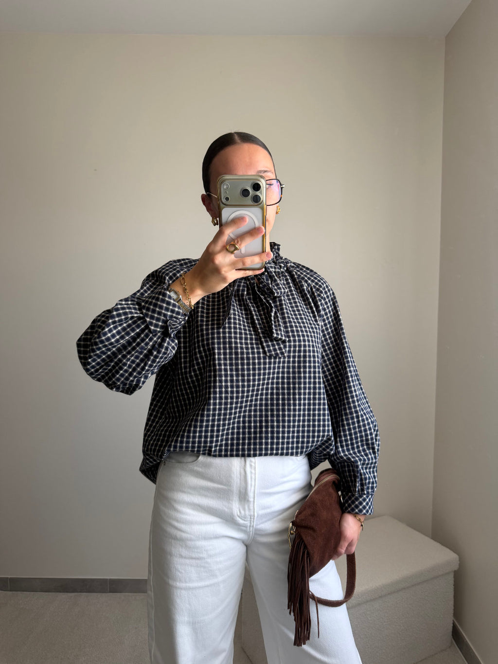 Blouse Joséphine à carreaux - bleu marine