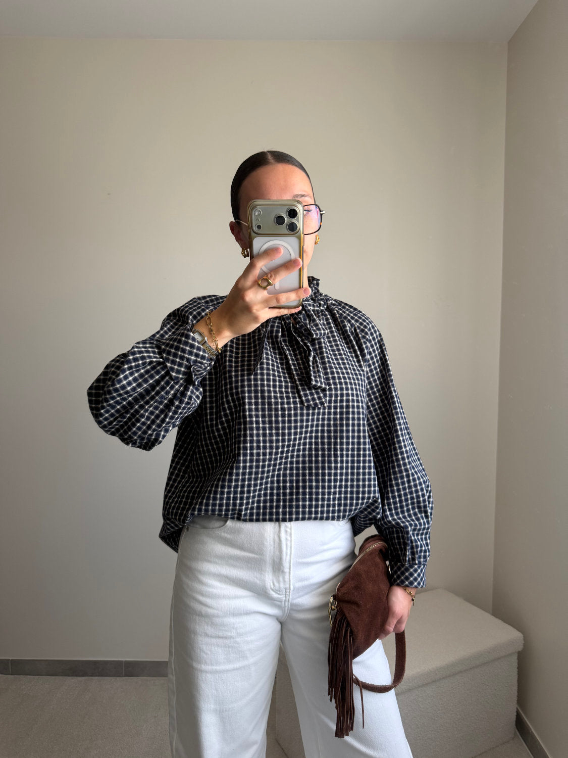 Blouse Joséphine à carreaux - bleu marine