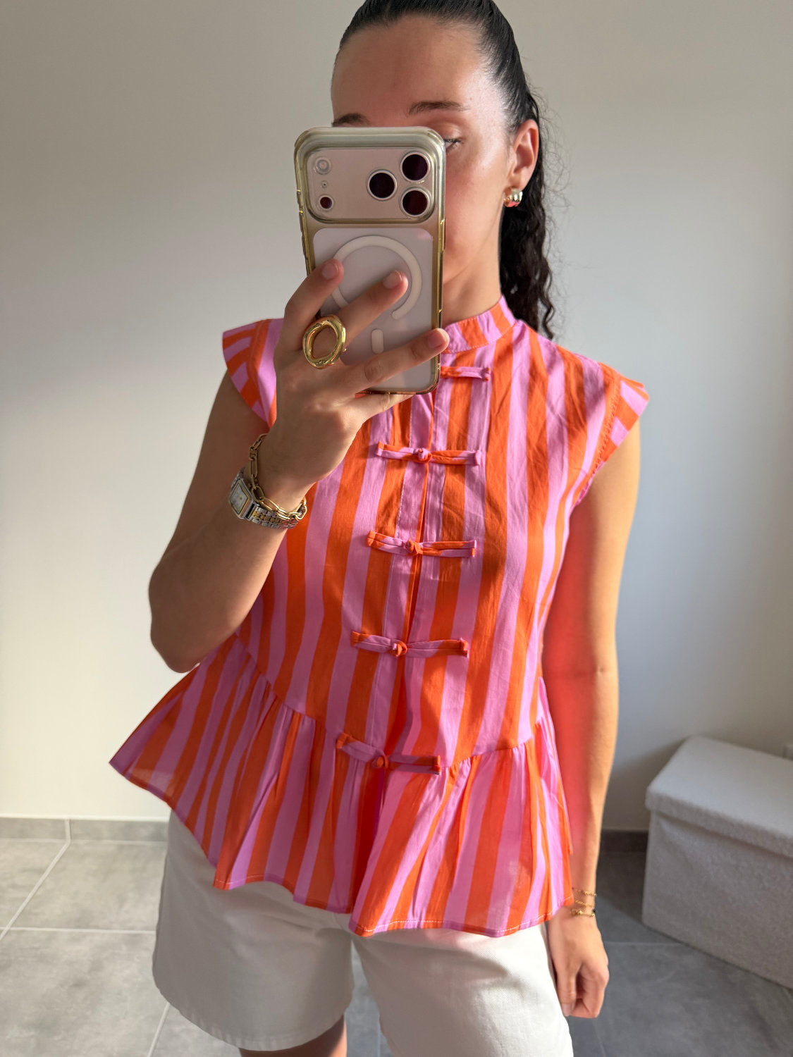 Top à rayures style mandarin