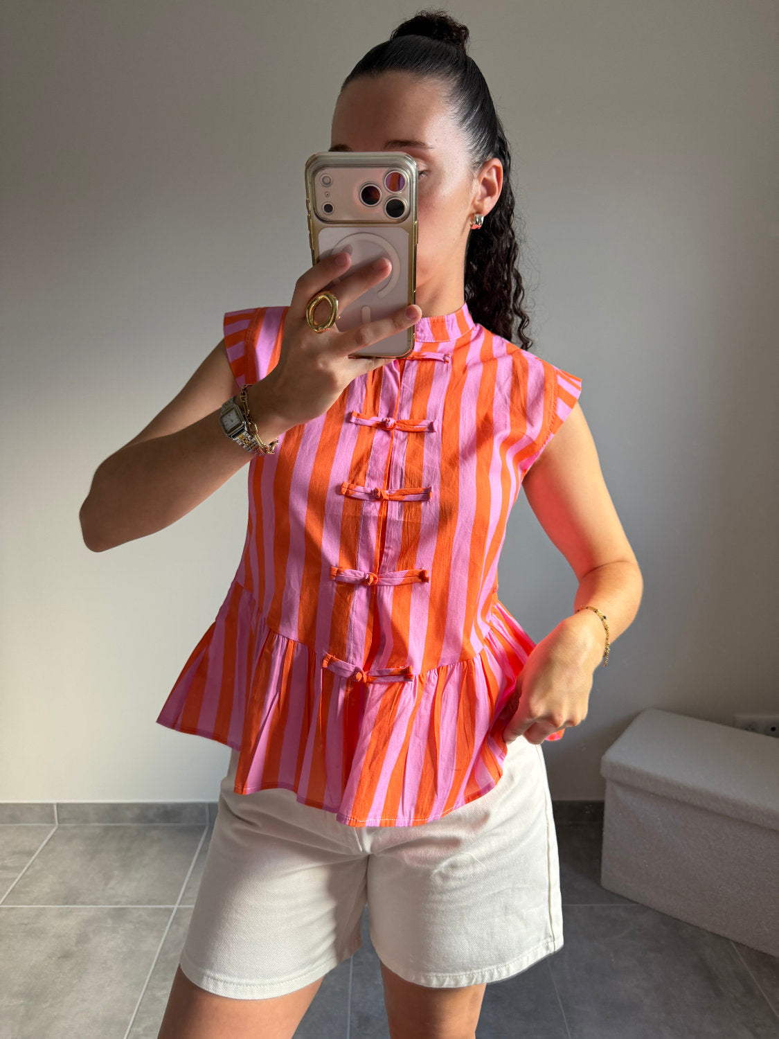 Top à rayures style mandarin