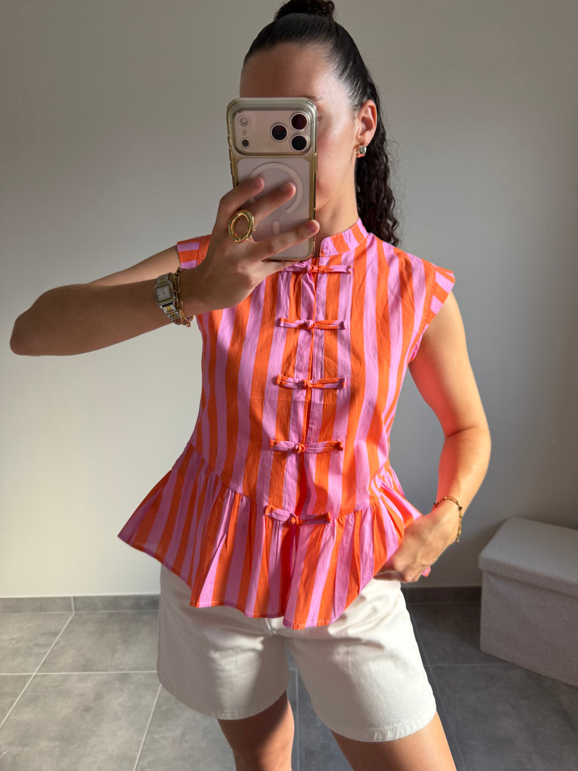 Top à rayures style mandarin