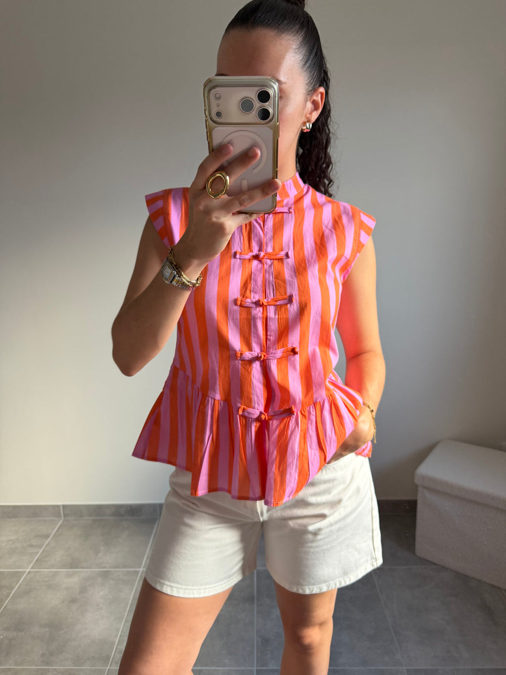 Top à rayures style mandarin
