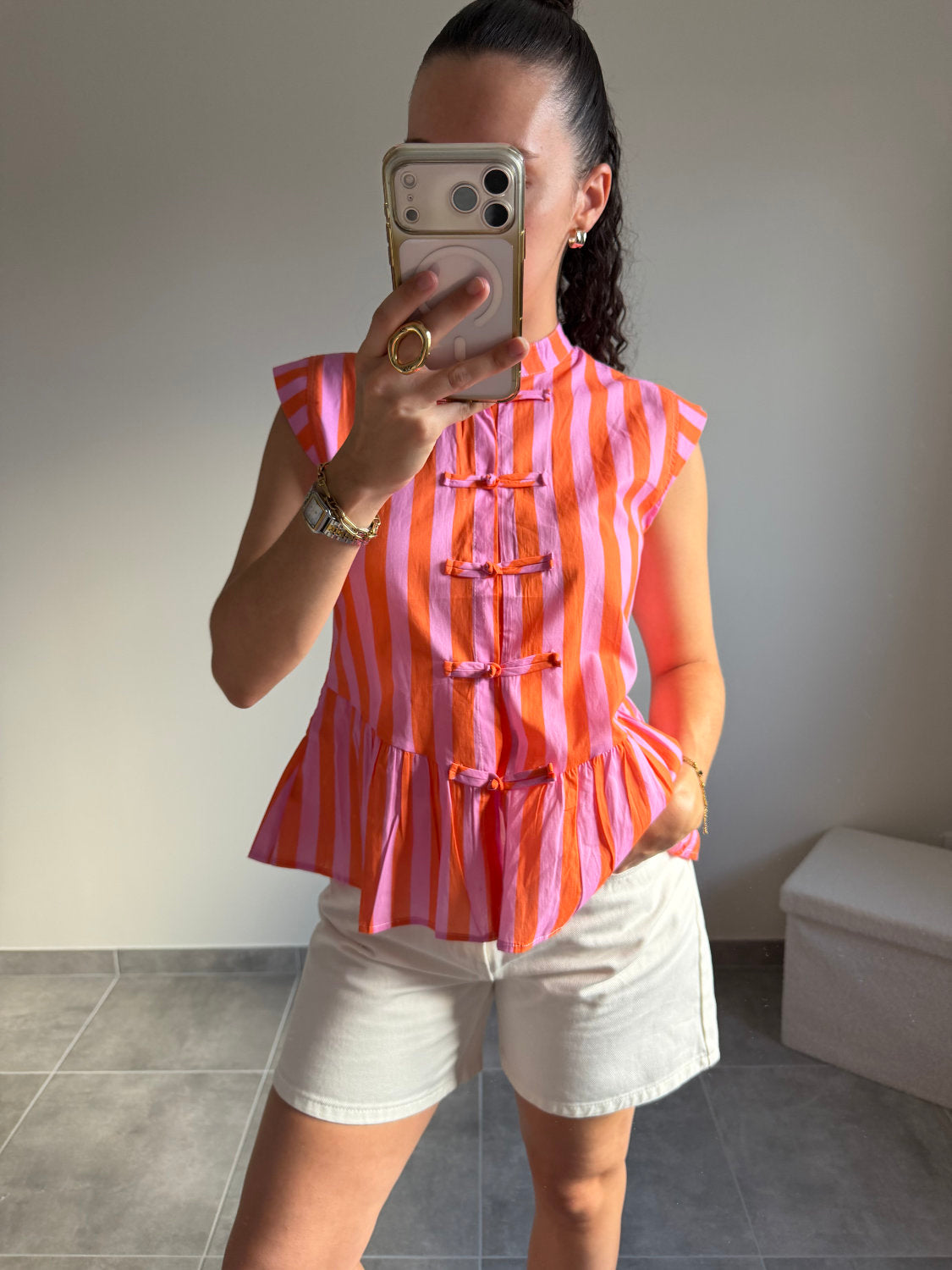 Top à rayures style mandarin