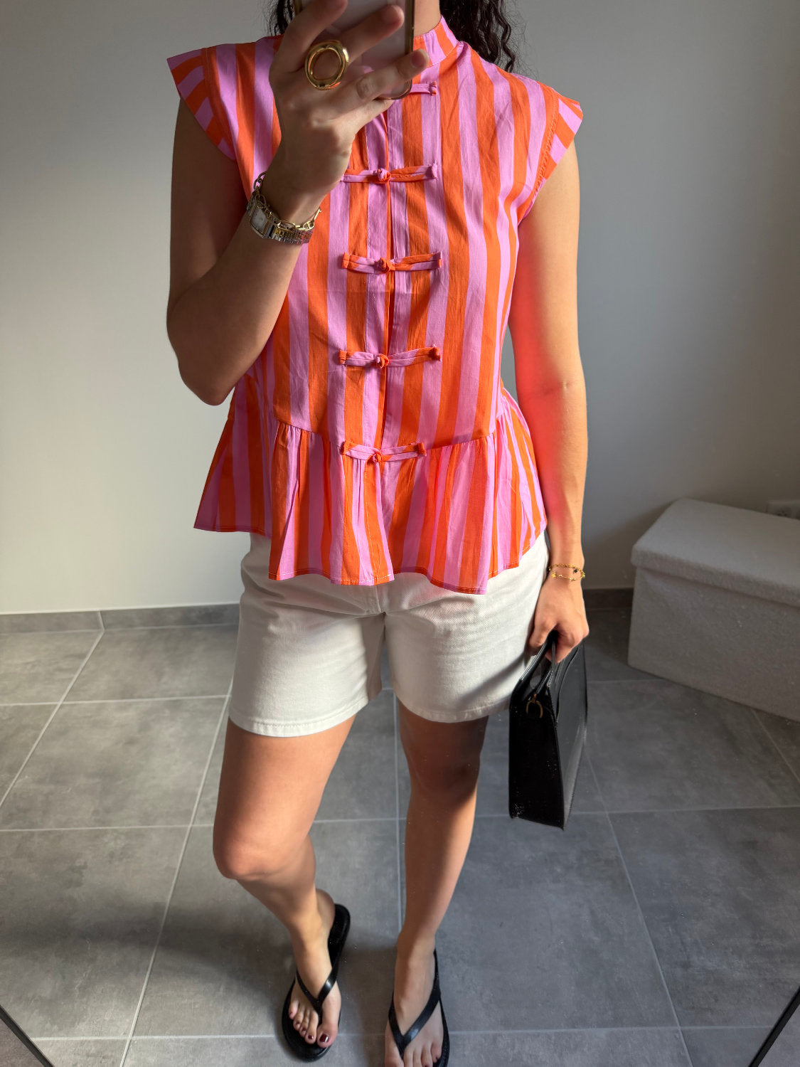 Top à rayures style mandarin