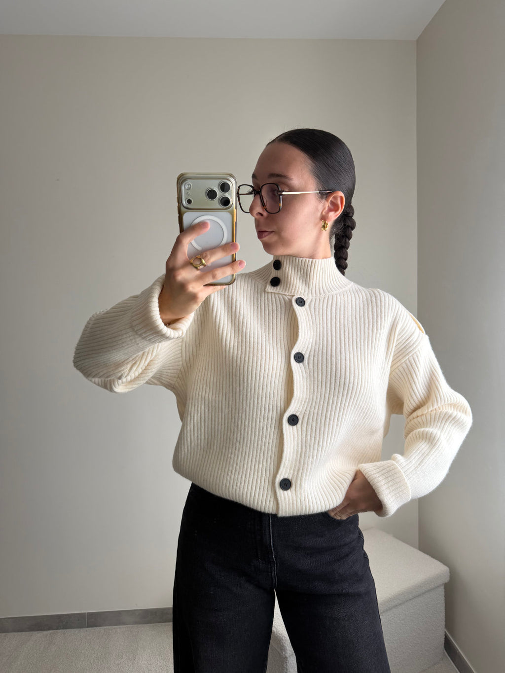 Pull Marie boutonné blanc crème