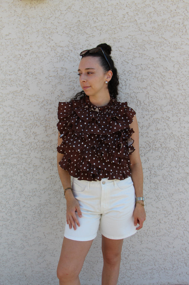 Blouse sans manches avec pois blancs effet ruché dos nu