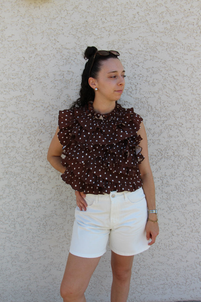 Blouse sans manches avec pois blancs effet ruché dos nu