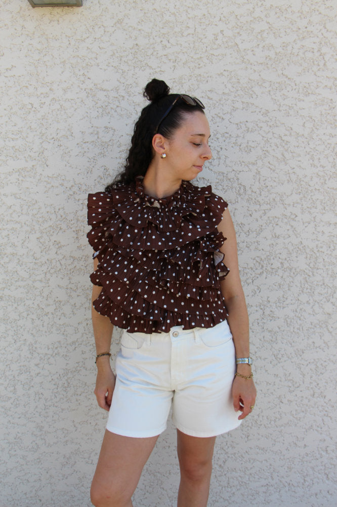 Blouse sans manches avec pois blancs effet ruché dos nu