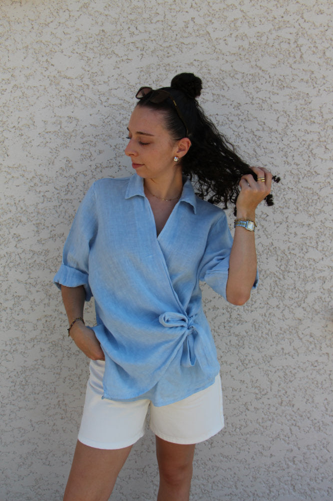 Blouse manches courtes en lin avec nœud