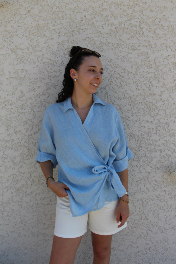 Blouse manches courtes en lin avec nœud
