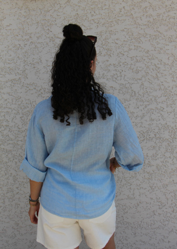 Blouse manches courtes en lin avec nœud