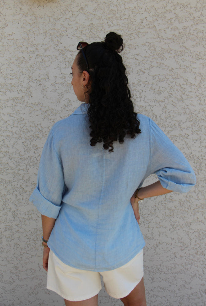 Blouse manches courtes en lin avec nœud