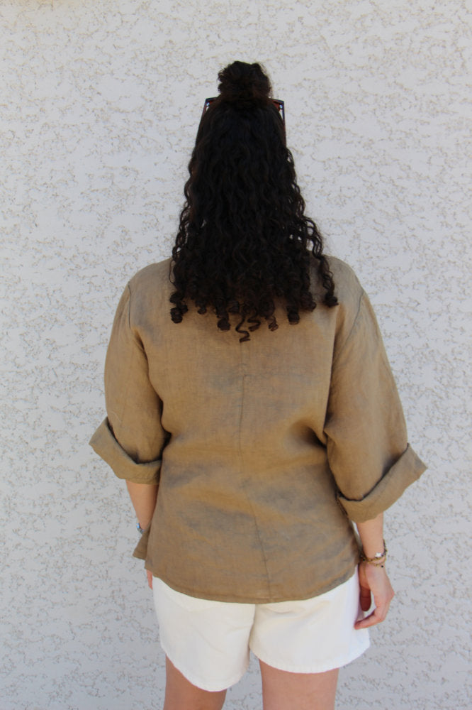 Blouse manches courtes en lin avec nœud