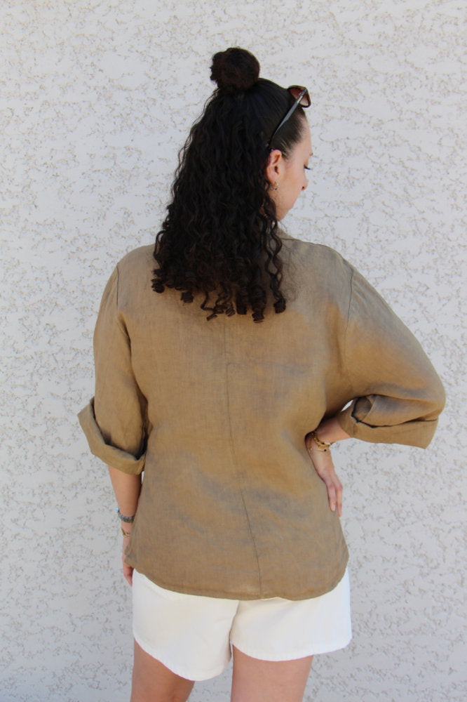Blouse manches courtes en lin avec nœud