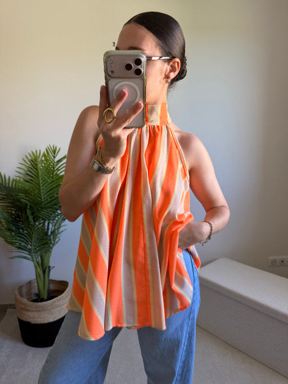 Blouse sans manches à rayures avec nœud