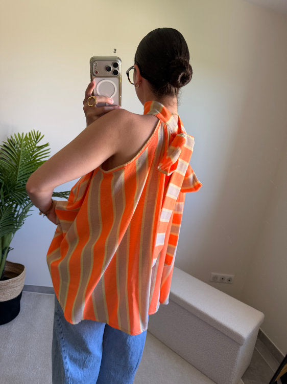 Blouse sans manches à rayures avec nœud