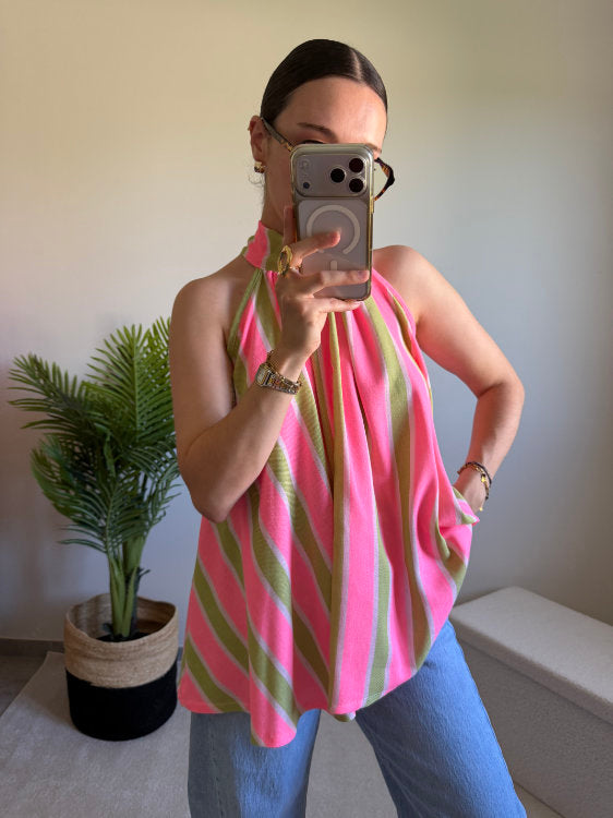 Blouse sans manches à rayures avec nœud
