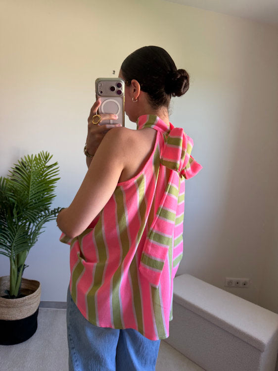Blouse sans manches à rayures avec nœud