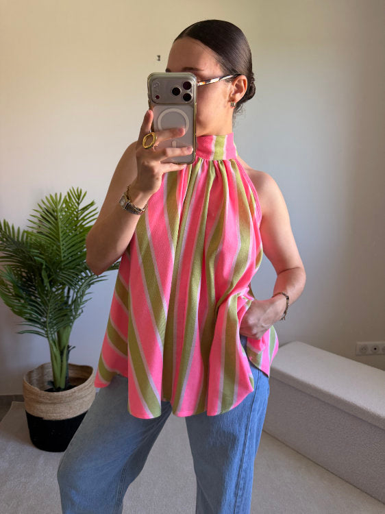 Blouse sans manches à rayures avec nœud